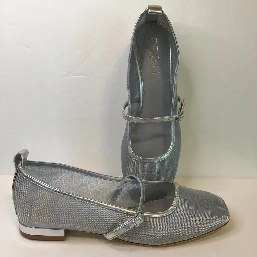 DELTAN Women's Shimmering Silver Mesh Maven Mesh Mary Jane Dress Flats 9.5 NEW